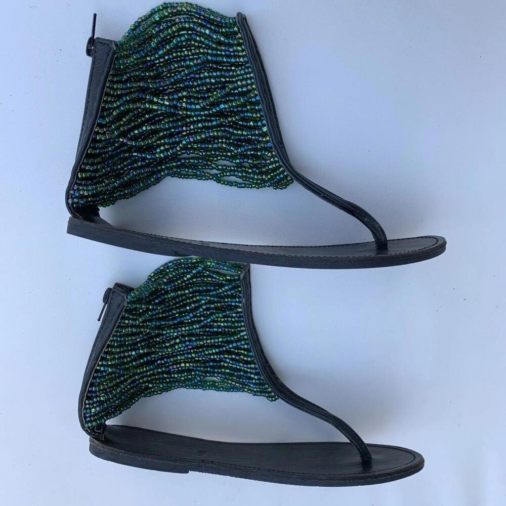 Beaded Green Flat Sandals Handmade Ethnic Sz 40 Or 9 Womens